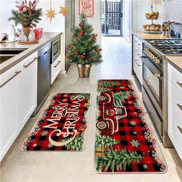 Set of 2 Christmas Kitchen‎ Mats, Red Truck Buffalo Plaid, Farmhouse Decor - Picture 2 of 8
